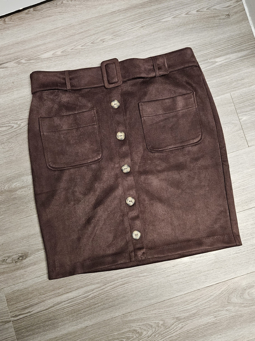 Brown Suede-Effect Button-Front Pencil Skirt with Belt